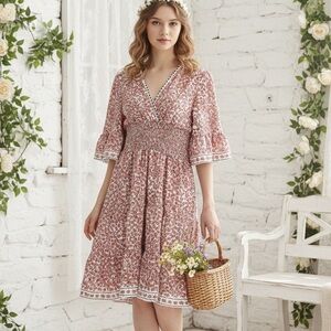 Boho Floral Smocked Flutter Sleeve Midi Dress Max Studio Size S Pink Flowers